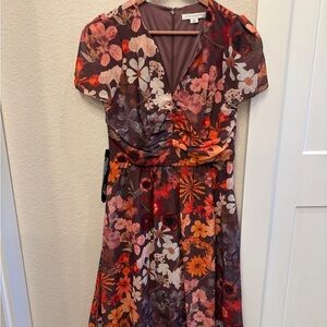 Kay Unger Brown Floral Midi Dress with Orange & Pink Accents